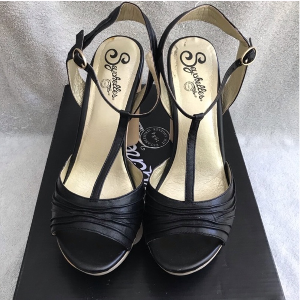 Seychelles Leather Sandals 5 inch Heels Size 8.5 Black Platform High Heel New - Picture 5 of 14